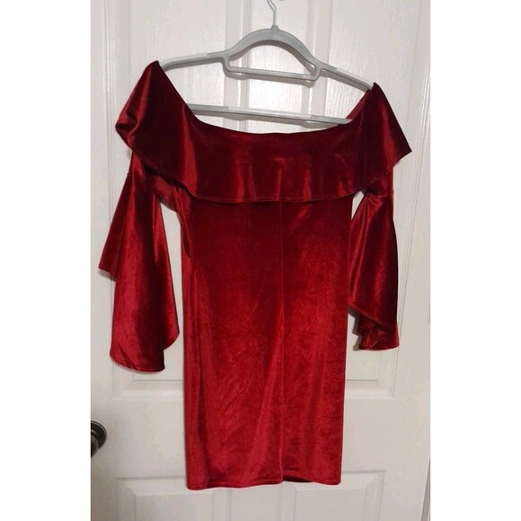 Vintage Gibiu Medium Mini Red Velvet Off Shoulder Ruffle Neck Bell Sleeve.  B48 - Picture 3 of 5